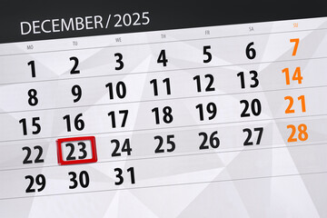 Calendar 2025, deadline, day, month, page, organizer, date, December, tuesday, number 23