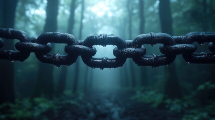 Misty forest path blocked by a wet chain