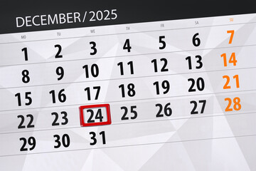 Calendar 2025, deadline, day, month, page, organizer, date, December, wednesday, number 24