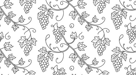 Fototapeta premium Black and white seamless grapevine pattern with leaves and grape clusters in elegant botanical line art for decorative design