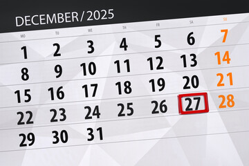 Calendar 2025, deadline, day, month, page, organizer, date, December, saturday, number 27