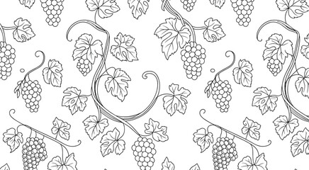 Fototapeta premium Black and white seamless grapevine pattern with leaves and grape clusters in elegant botanical line art for decorative design