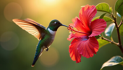 Naklejka premium Hummingbird hovering near vibrant red hibiscus flower in sunlight 