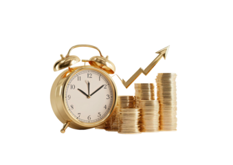 Gold clock and rising coin stacks on black