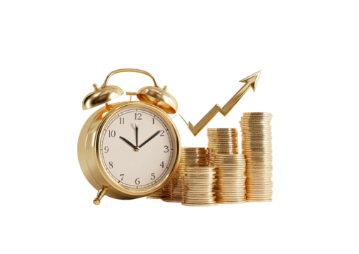 Gold clock and rising coin stacks on black