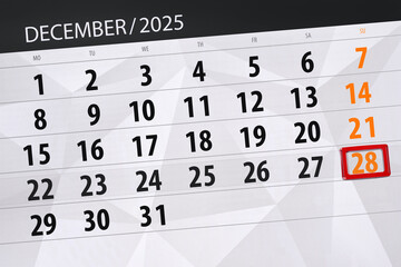 Calendar 2025, deadline, day, month, page, organizer, date, December, sunday, number 28