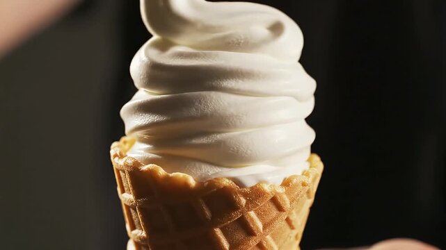 Pouring creamy white soft serve ice cream into a crunchy waffle cone.