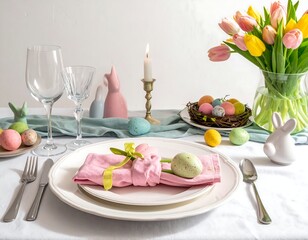 Festive Easter table setting with flowers, eggs, candle, glassware, and decorative bunnies