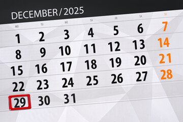 Calendar 2025, deadline, day, month, page, organizer, date, December, monday, number 29