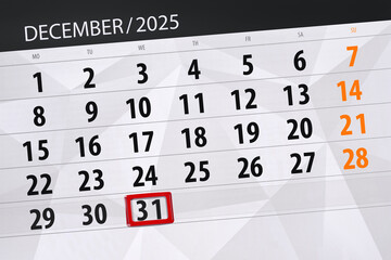 Calendar 2025, deadline, day, month, page, organizer, date, December, wednesday, number 31