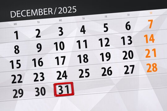Calendar 2025, deadline, day, month, page, organizer, date, December, wednesday, number 31