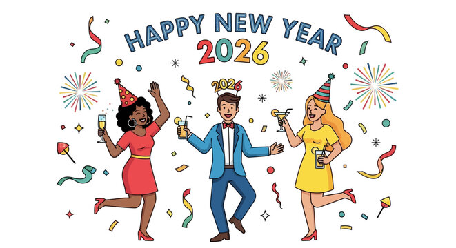 Diverse group of friends celebrating the 2026 New Year with drinks, confetti, and fireworks.