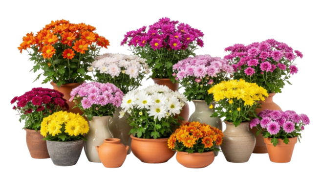 Assorted chrysanthemums in vases and pots transparent background cutout png - Powered by Adobe