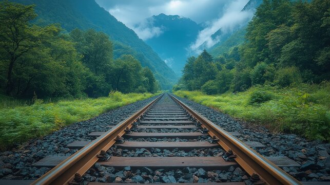 Mountain railway track through lush green valley
