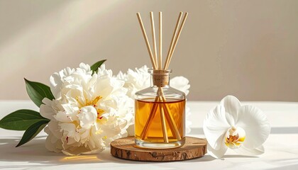 A glass aromatherapy diffuser with wooden reeds, situated amidst a lush floral arrangement, capturing a tranquil, natural ambiance