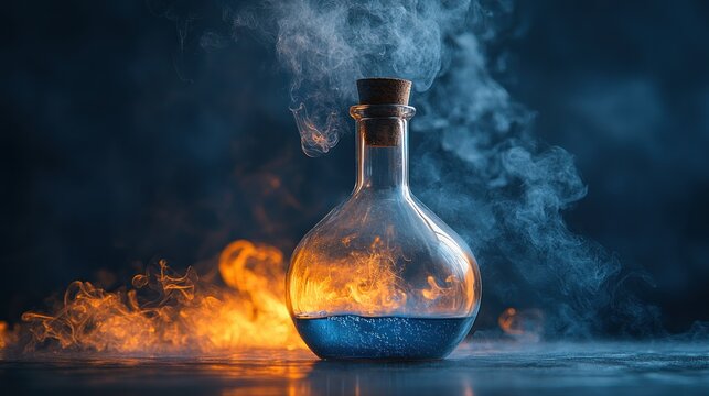 Mystical potion in glass flask, swirling smoke, fire