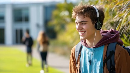 Happy student enjoys music outdoors while walking on campus in bright sunlight during a pleasant day, Happy student in earphones listening to music outdoors seamless