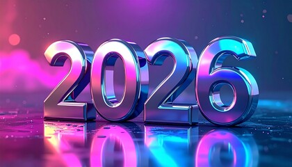 Metallic 2026 numerals on reflective surface with neon lighting and colorful glow for futuristic New Year design.