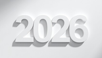 Bold white 2026 numerals casting soft shadows on light gray background for minimalist New Year design.