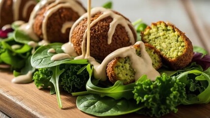 Close up of freshly made falafel balls with tahini sauce and salad on wooden board