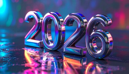 Metallic 2026 numerals on reflective surface with neon lighting and colorful glow for futuristic New Year design.