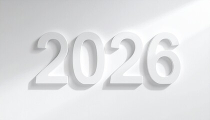 Bold white 2026 numerals casting soft shadows on light gray background for minimalist New Year design.