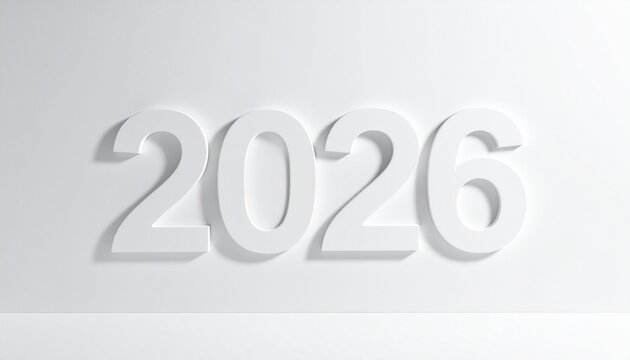 Bold white 2026 numerals casting soft shadows on light gray background for minimalist New Year design.