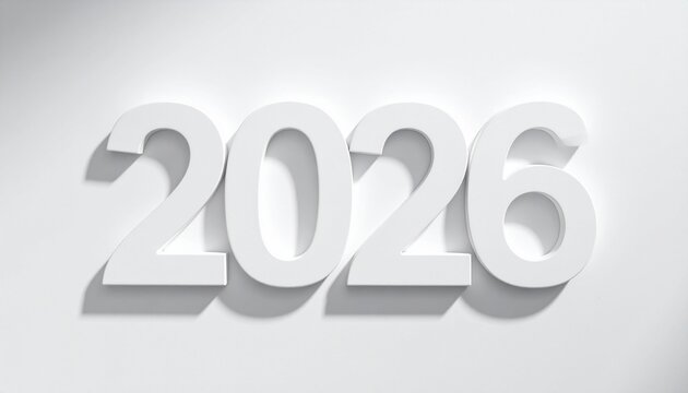 Bold white 2026 numerals casting soft shadows on light gray background for minimalist New Year design.