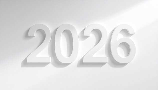 Bold white 2026 numerals casting soft shadows on light gray background for minimalist New Year design.