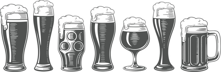 Black and white vintage illustration of various beer glasses and mugs filled with foam, perfect for brewery or pub design
