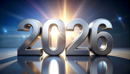 Metallic 2026 numerals with radiant backlight and reflections on glossy surface for dramatic New Year design.