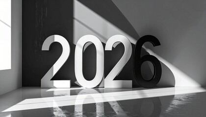 Large white 2026 numerals with small human figure on gradient gray background for modern New Year concept.