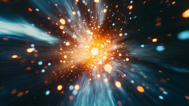 Exciting interaction of proton, neutron, and electron particles in a dynamic visual representation of energy, Proton, neutron and electron particles getting excited in a particle accelerator