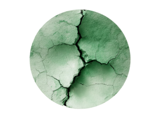 Cracked, moss-green orb with textured, fractured surface
