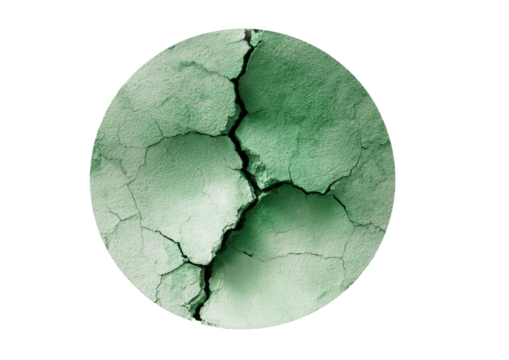 Cracked, moss-green orb with textured, fractured surface