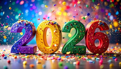 Colorful 2026 numerals with falling confetti and reflective surface for festive New Year celebration.