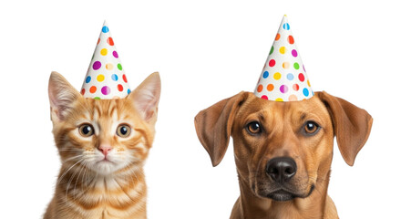 Cute cat and dog wearing party hats transparent background cutout png