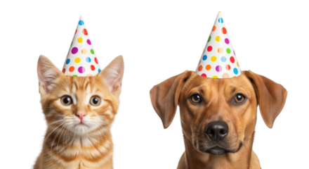 Cute cat and dog wearing party hats transparent background cutout png