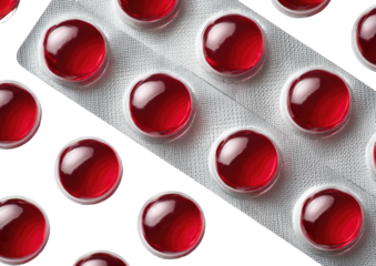 Red, round capsules in clear blister pack, angled
