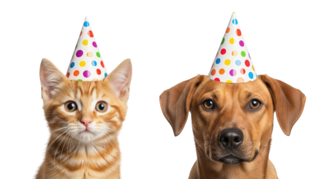 Cute cat and dog wearing party hats transparent background cutout png