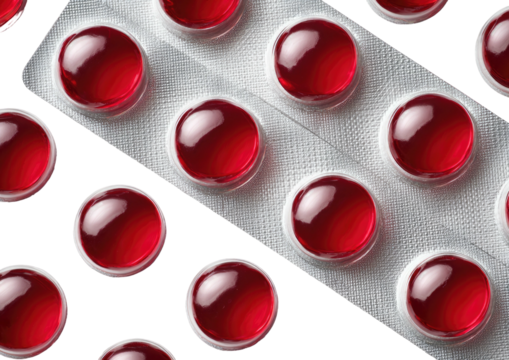 Red, round capsules in clear blister pack, angled