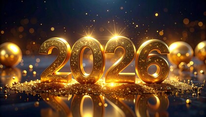Golden 2026 numerals with glowing particles and shimmering lights on dark background for festive New Year design.