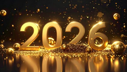 Golden 2026 numerals with glowing particles and shimmering lights on dark background for festive New Year design.
