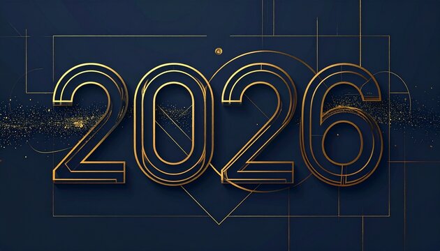 Gold 2026 numerals with geometric lines and star glow on dark blue background for futuristic New Year design.