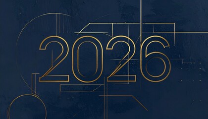Gold 2026 numerals with geometric lines and star glow on dark blue background for futuristic New Year design.