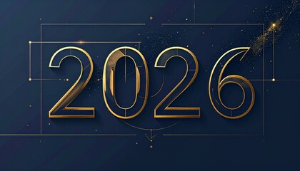 Gold 2026 numerals with geometric lines and star glow on dark blue background for futuristic New Year design.