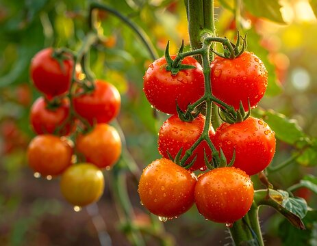 Ripe tomatoes on vine, glistening with water droplets - Powered by Adobe