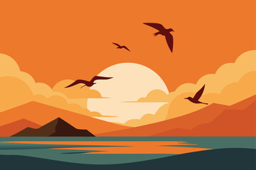 Calm sunset vista with birds soaring above water and hills. Vector