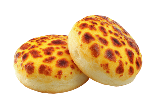 Two round cheese buns with golden brown spots