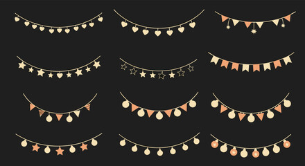 Collection of various decorative garlands and string lights featuring hearts, stars, flags, and circles, ideal for festive celebrations.